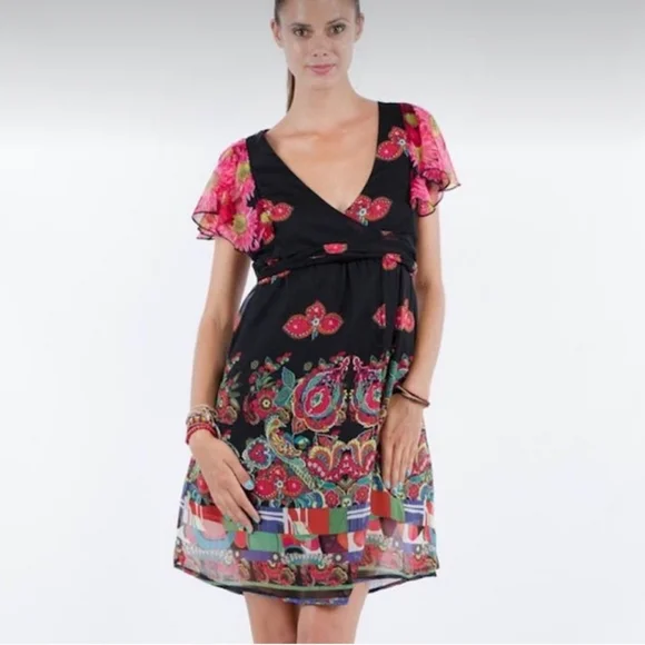 Desigual Vest Juliette Flutter Sleeve Wrap Dress Floral size 38 - Picture 3 of 11